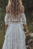2 Piece Ivory Lace Off the Shoulder Corset Boho Wedding Dress
