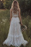 Boho Ivory Lace Ruffled A Line 2 Piece Wedding Dress