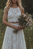 Boho Ivory Lace Ruffled A Line 2 Piece Wedding Dress