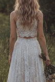 Boho Ivory Lace Ruffled A Line 2 Piece Wedding Dress