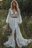 Lace Ivory 2 Piece V-Neck A Line Long Sleeve Boho Wedding Dress