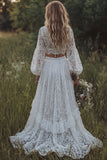 Lace Ivory 2 Piece V-Neck A Line Long Sleeve Boho Wedding Dress