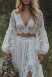 Lace Ivory 2 Piece V-Neck A Line Long Sleeve Boho Wedding Dress