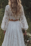 Lace Ivory 2 Piece V-Neck A Line Long Sleeve Boho Wedding Dress