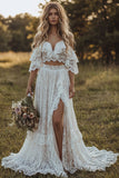 Off the Shoulder 2 Piece Lace Ivory A Line Boho Wedding Dress