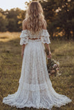 Off the Shoulder 2 Piece Lace Ivory A Line Boho Wedding Dress