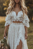 Off the Shoulder 2 Piece Lace Ivory A Line Boho Wedding Dress