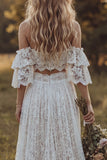 Off the Shoulder 2 Piece Lace Ivory A Line Boho Wedding Dress