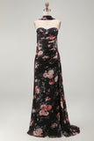 Black Sweetheart Mermaid Floral Wedding Guest Dress with Scarf