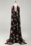 Black Sweetheart Mermaid Floral Wedding Guest Dress with Scarf