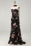Black Sweetheart Mermaid Floral Wedding Guest Dress with Scarf