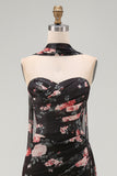 Black Sweetheart Mermaid Floral Wedding Guest Dress with Scarf