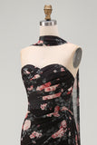 Black Sweetheart Mermaid Floral Wedding Guest Dress with Scarf