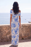 Blue Flower Off the Shoulder Wedding Guest Dress with Slit
