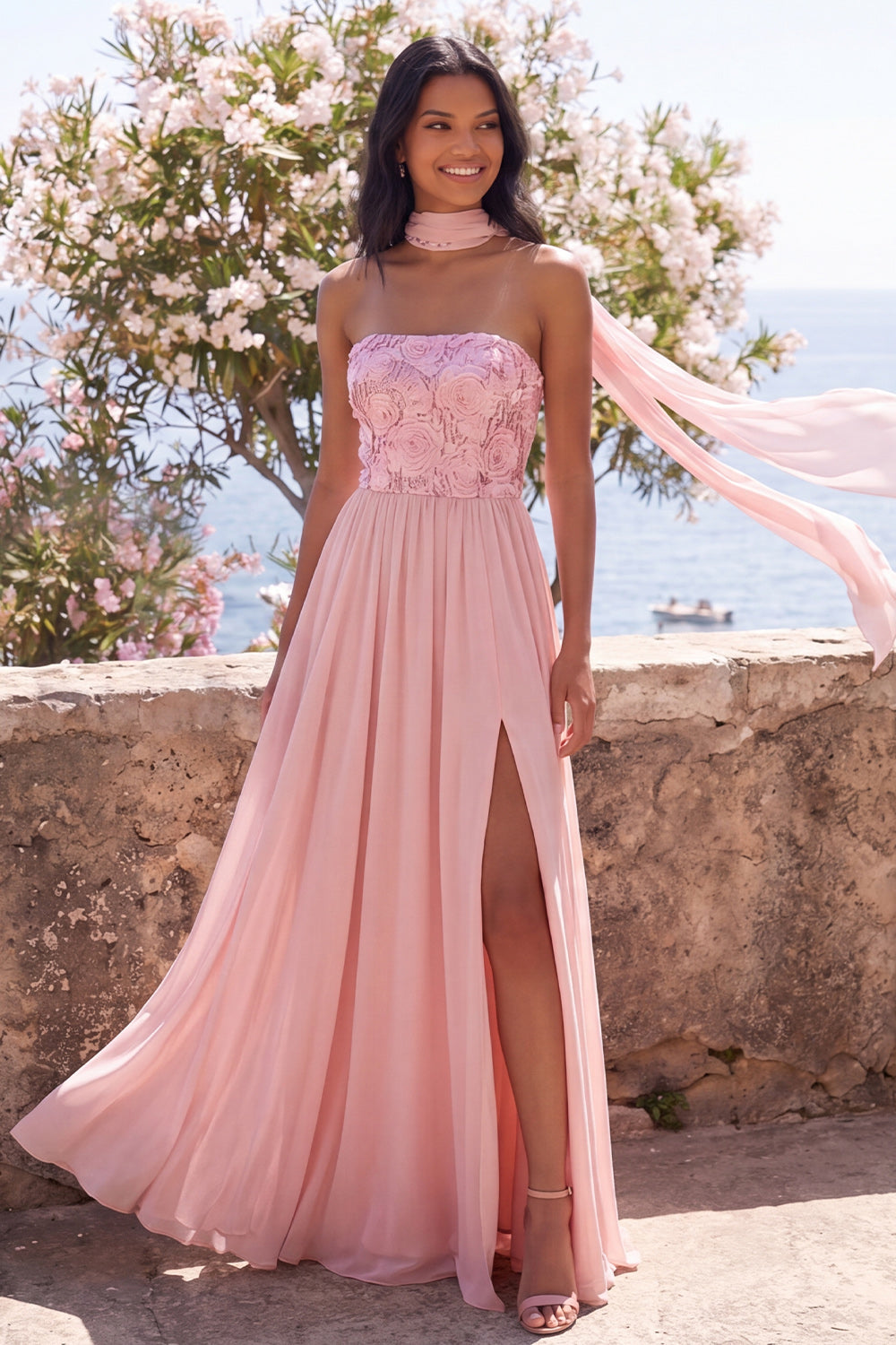 pink a line wedding guest dress Square Neckline Long Sleeves Blushing Pink A-Line Wedding Guest Dress, Blushing_Pink / M