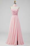 Pink Strapless A Line Wedding Guest Dress with Slit