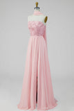 Pink Strapless A Line Wedding Guest Dress with Slit