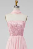 Pink Strapless A Line Wedding Guest Dress with Slit
