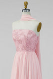 Pink Strapless A Line Wedding Guest Dress with Slit