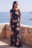 One Shoulder Ivory Floral Sheath Wedding Guest Dress with Slit