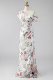 One Shoulder Ivory Floral Sheath Wedding Guest Dress with Slit