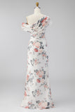 One Shoulder Ivory Floral Sheath Wedding Guest Dress with Slit