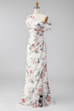 One Shoulder Ivory Floral Sheath Wedding Guest Dress with Slit