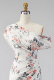 One Shoulder Ivory Floral Sheath Wedding Guest Dress with Slit