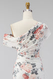 One Shoulder Ivory Floral Sheath Wedding Guest Dress with Slit
