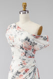 One Shoulder Ivory Floral Sheath Wedding Guest Dress with Slit