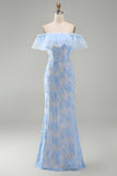 Off the Shoulder Floral Lace Blue Wedding Guest Dress