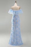 Off the Shoulder Floral Lace Blue Wedding Guest Dress