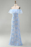 Off the Shoulder Floral Lace Blue Wedding Guest Dress