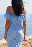Off the Shoulder Floral Lace Blue Wedding Guest Dress