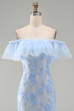 Off the Shoulder Floral Lace Blue Wedding Guest Dress