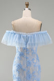 Off the Shoulder Floral Lace Blue Wedding Guest Dress
