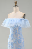 Off the Shoulder Floral Lace Blue Wedding Guest Dress