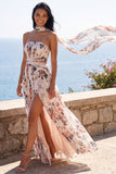 Strapless Ruched A Line Ivory Floral Wedding Guest Dress with Scarf