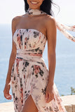 Strapless Ruched A Line Ivory Floral Wedding Guest Dress with Scarf