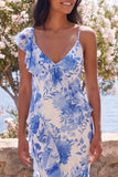 Blue Flower V-Neck Ruffle Mermaid Wedding Guest Dress