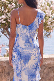 Blue Flower V-Neck Ruffle Mermaid Wedding Guest Dress