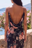 Black Mermaid Spaghetti Straps Floral Wedding Guest Dress