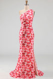 Pink Floral One Shoulder Mermaid Wedding Guest Dress with Slit
