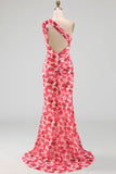 Pink Floral One Shoulder Mermaid Wedding Guest Dress with Slit