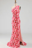 Pink Floral One Shoulder Mermaid Wedding Guest Dress with Slit
