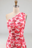 Pink Floral One Shoulder Mermaid Wedding Guest Dress with Slit