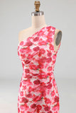 Pink Floral One Shoulder Mermaid Wedding Guest Dress with Slit
