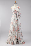 One Shoulder Ivory Floral Wedding Guest Dress with Slit