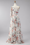 One Shoulder Ivory Floral Wedding Guest Dress with Slit