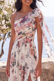 One Shoulder Ivory Floral Wedding Guest Dress with Slit